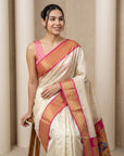 Cream Soft Paithani Silk Zari Woven Saree with Peacock Pallu