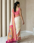 Cream Soft Paithani Silk Zari Woven Saree with Peacock Pallu
