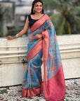 Blue Tissue Crush Floral Printed Silk Saree with Zari Woven Border