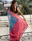 Blue Tissue Crush Floral Printed Silk Saree with Zari Woven Border