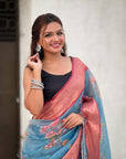 Blue Tissue Crush Floral Printed Silk Saree with Zari Woven Border