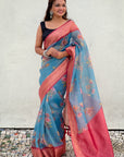 Blue Tissue Crush Floral Printed Silk Saree with Zari Woven Border