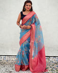 Blue Tissue Crush Floral Printed Silk Saree with Zari Woven Border