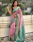 Lavender Tissue Crush Floral Printed Silk Saree with Zari Woven Border
