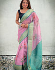 Lavender Tissue Crush Floral Printed Silk Saree with Zari Woven Border