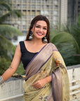 Cream Tissue Crush Floral Printed Silk Saree with Zari Woven Border