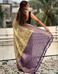 Cream Tissue Crush Floral Printed Silk Saree with Zari Woven Border