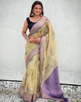 Cream Tissue Crush Floral Printed Silk Saree with Zari Woven Border