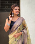 Cream Tissue Crush Floral Printed Silk Saree with Zari Woven Border