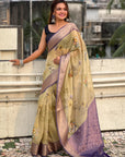 Cream Tissue Crush Floral Printed Silk Saree with Zari Woven Border