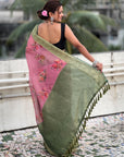 Pink Tissue Crush Floral Printed Silk Saree with Zari Woven Border