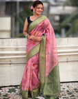 Pink Tissue Crush Floral Printed Silk Saree with Zari Woven Border