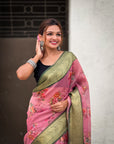 Pink Tissue Crush Floral Printed Silk Saree with Zari Woven Border