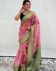 Pink Tissue Crush Floral Printed Silk Saree with Zari Woven Border