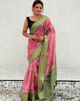 Pink Tissue Crush Floral Printed Silk Saree with Zari Woven Border
