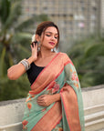 Sky Blue Tissue Crush Floral Printed Silk Saree with Zari Woven Border