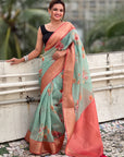Sky Blue Tissue Crush Floral Printed Silk Saree with Zari Woven Border