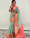 Sky Blue Tissue Crush Floral Printed Silk Saree with Zari Woven Border