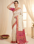 Cream Traditional Soft Silk Saree with Floral & Peacock Pattern Saree