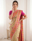 Cream Premium Soft Bamboo Tissue Paithani Silk Saree
