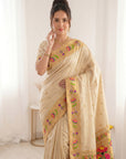 Cream Premium Soft Brocade Tissue Paithani Silk Saree