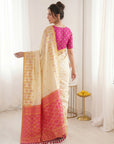 Cream Premium Soft Silk Zari Woven with Ikkat Patola Fusion Saree