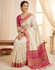 Cream Traditional Soft Silk Saree with Floral & Peacock Pattern Saree