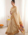 Cream Premium Soft Brocade Tissue Paithani Silk Saree