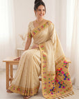 Cream Premium Soft Brocade Tissue Paithani Silk Saree
