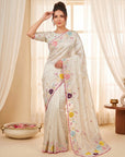 Cream Premium Tissue Silk Saree with Multi Threadwork
