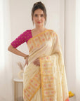 Cream Premium Soft Silk Zari Woven with Ikkat Patola Fusion Saree