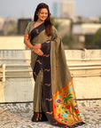 Grey Soft Silk Zari Woven Parrot Border Saree