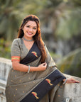 Grey Soft Silk Zari Woven Parrot Border Saree