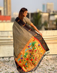 Grey Soft Silk Zari Woven Parrot Border Saree
