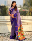 Lavender Soft Silk Zari Woven Parrot Border Saree