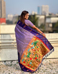 Lavender Soft Silk Zari Woven Parrot Border Saree