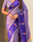 Lavender Soft Silk Zari Woven Parrot Border Saree