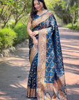 Deep Blue Banarasi Jaal Katan Silk Rich Zari Woven Saree