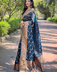 Deep Blue Banarasi Jaal Katan Silk Rich Zari Woven Saree
