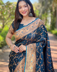 Deep Blue Banarasi Jaal Katan Silk Rich Zari Woven Saree