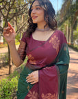 Bottle Green Soft Silk Contrast Floral Border Zari Woven Saree