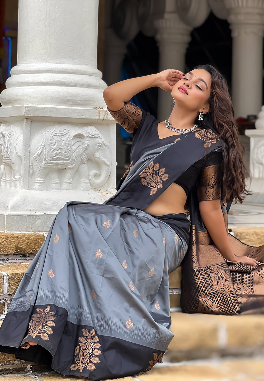 Grey Soft Silk Contrast Floral Border Zari Woven Saree