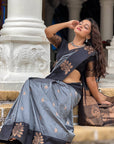 Grey Soft Silk Contrast Floral Border Zari Woven Saree