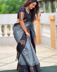 Grey Soft Silk Contrast Floral Border Zari Woven Saree