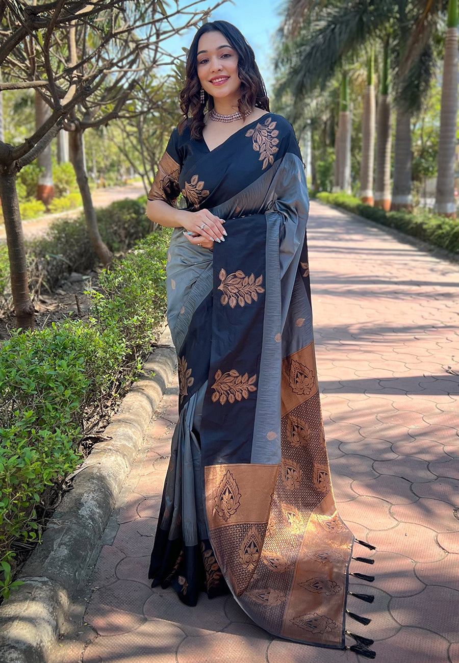 Grey Soft Silk Contrast Floral Border Zari Woven Saree