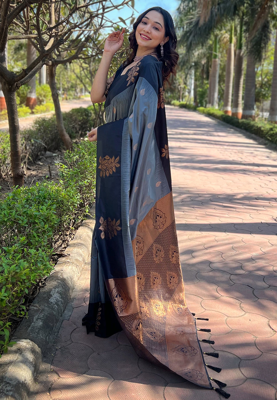 Grey Soft Silk Contrast Floral Border Zari Woven Saree