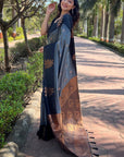 Grey Soft Silk Contrast Floral Border Zari Woven Saree