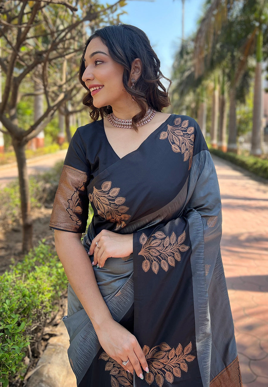 Grey Soft Silk Contrast Floral Border Zari Woven Saree