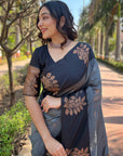 Grey Soft Silk Contrast Floral Border Zari Woven Saree