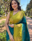 Blue Soft Silk Contrast Floral Border Zari Woven Saree